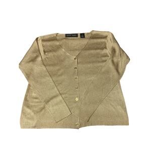 Linda Allard Ellen Tracy Womens Sz L Gold Metallic Knit Cardigan Sweater‎ Preppy